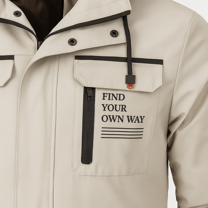 Hooded outdoor jacket with front zipper, multiple pockets, and adjustable drawstrings