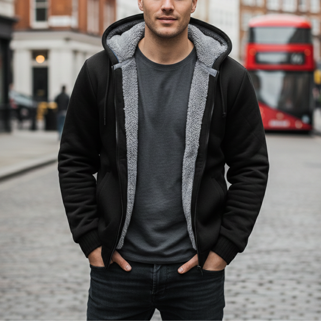 Black fleece-lined hoodie jacket with a zip-up front, long sleeves, and front pockets, ideal for fall and winter wear.