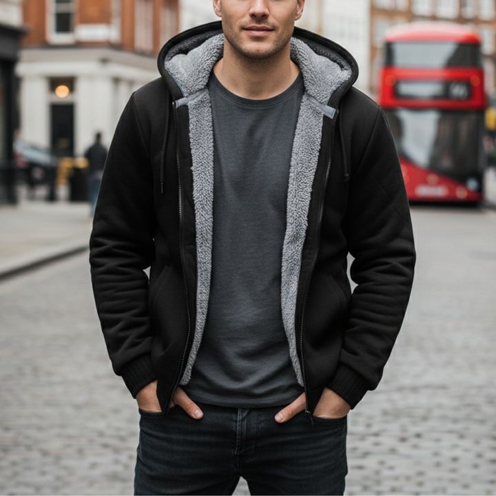 Black fleece-lined hoodie jacket with a zip-up front, long sleeves, and front pockets, ideal for fall and winter wear.