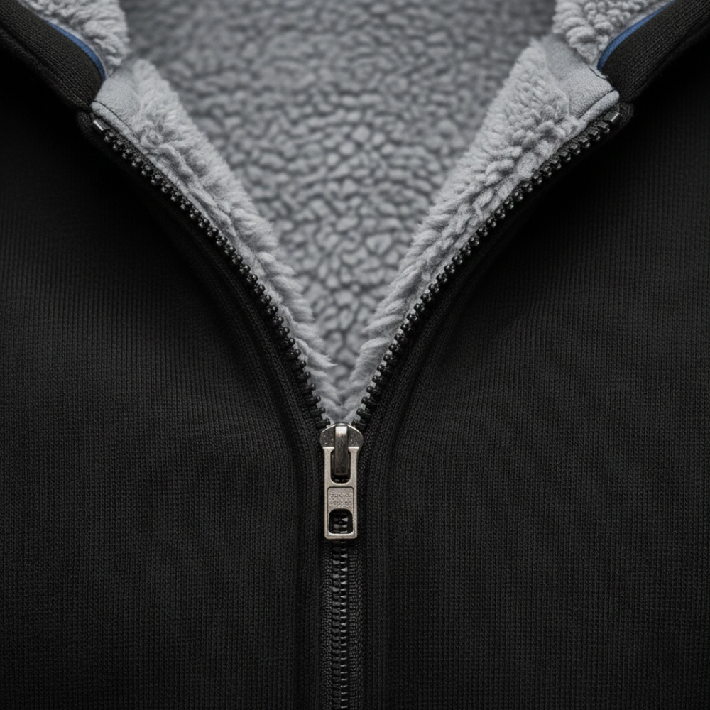 Black fleece-lined hoodie jacket with a zip-up front, long sleeves, and front pockets, ideal for fall and winter wear.