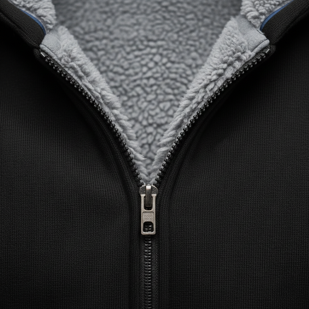 Black fleece-lined hoodie jacket with a zip-up front, long sleeves, and front pockets, ideal for fall and winter wear.