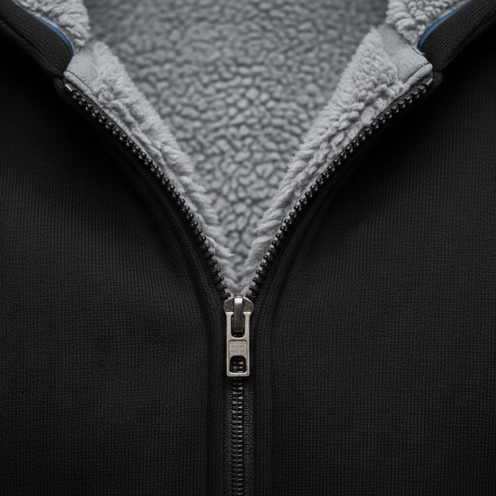 Black fleece-lined hoodie jacket with a zip-up front, long sleeves, and front pockets, ideal for fall and winter wear.