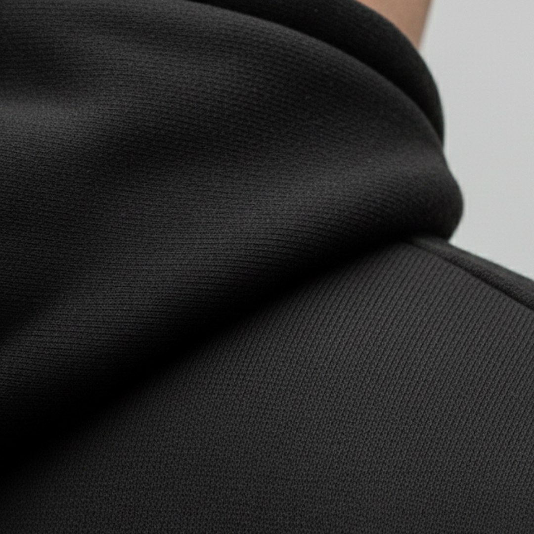 Black fleece-lined hoodie jacket with a zip-up front, long sleeves, and front pockets, ideal for fall and winter wear.