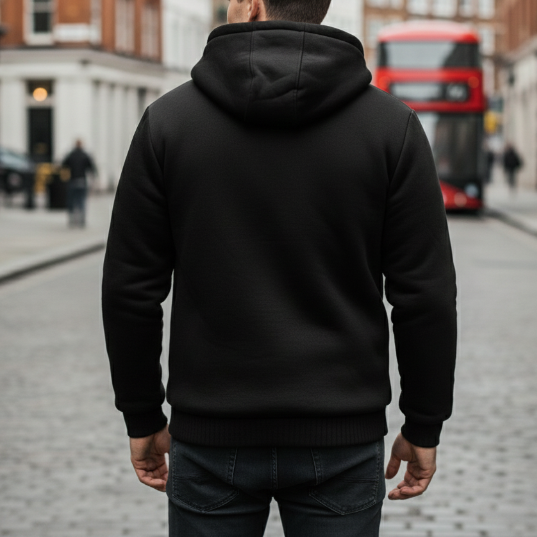 Black fleece-lined hoodie jacket with a zip-up front, long sleeves, and front pockets, ideal for fall and winter wear.