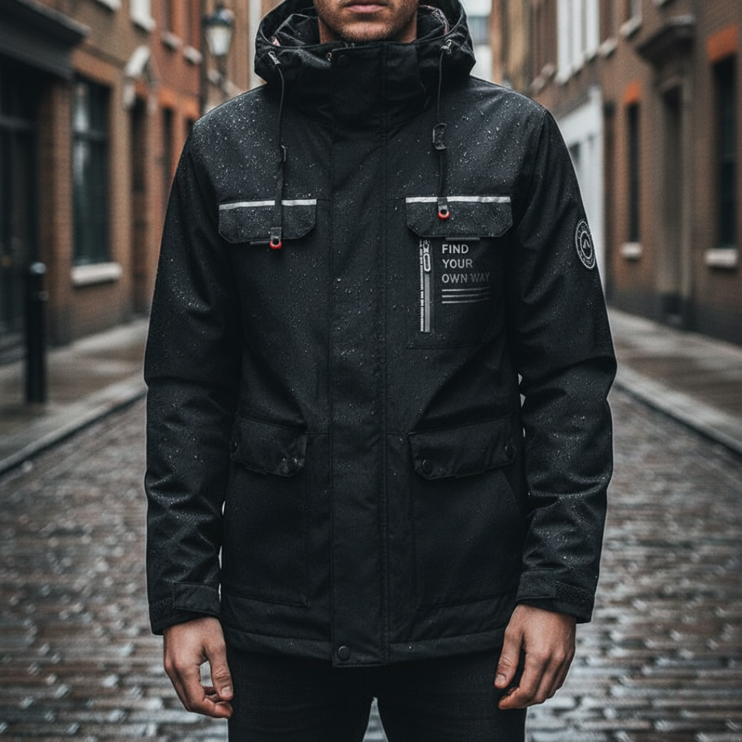  Men's waterproof jacket with hood, multiple pockets, and reflective detailing, ideal for fall and spring weather.