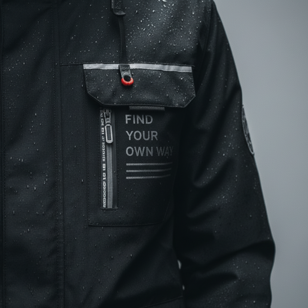A man in a black jacket with "find your own" text on small pocket, showcasing a modern, functional design with an attached hood.