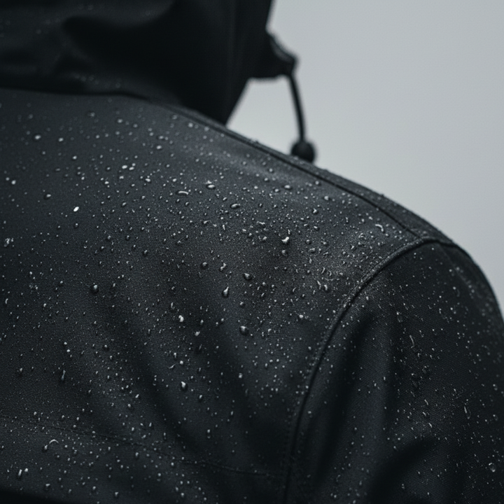 Close-up of a person in a water-resistant rain jacket with a hood, showcasing its structured design and reflective details.