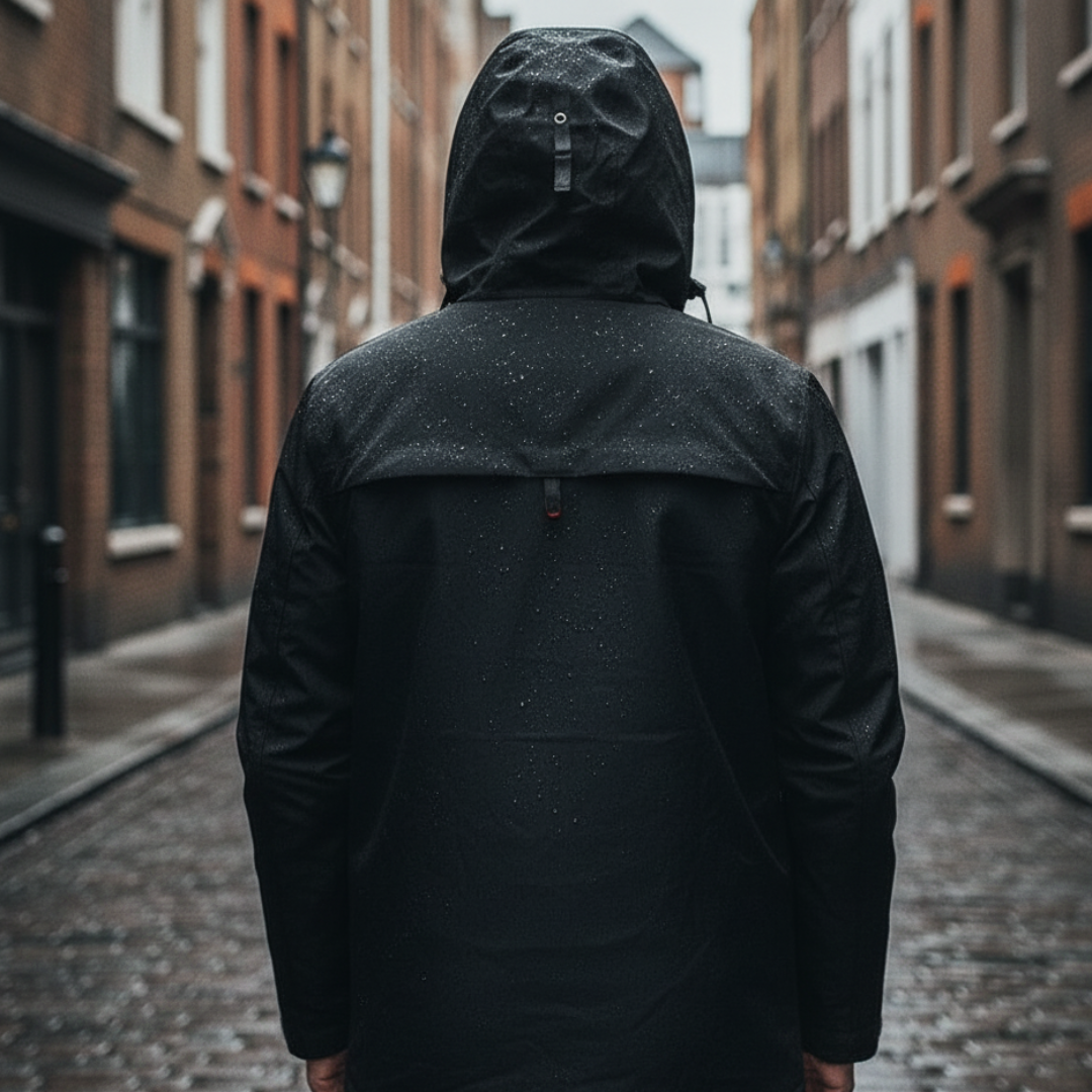  Back detailed, men's waterproof jacket with hood, multiple pockets, and reflective detailing