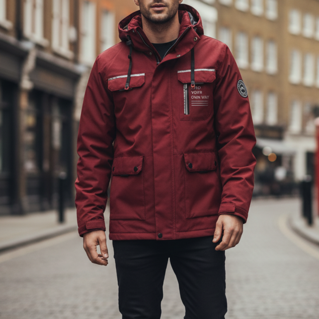  Men's waterproof jacket with hood, multiple pockets, and reflective detailing, ideal for fall and spring weather.