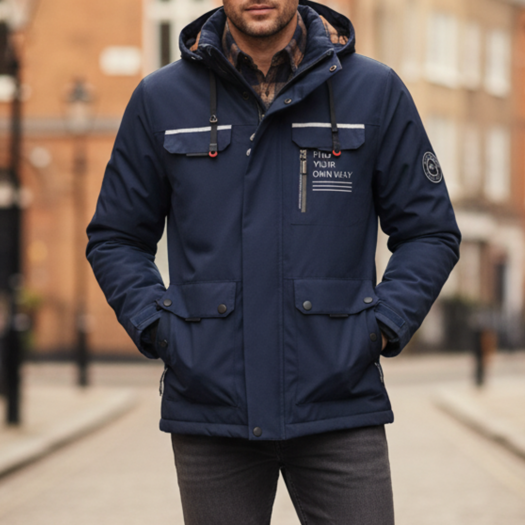  Men's waterproof jacket with hood, multiple pockets, and reflective detailing, ideal for fall and spring weather.