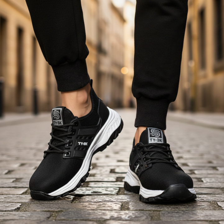  Black and white sneakers resting on a yellow background, featuring a sleek knit upper and cushioned rubber outsole.