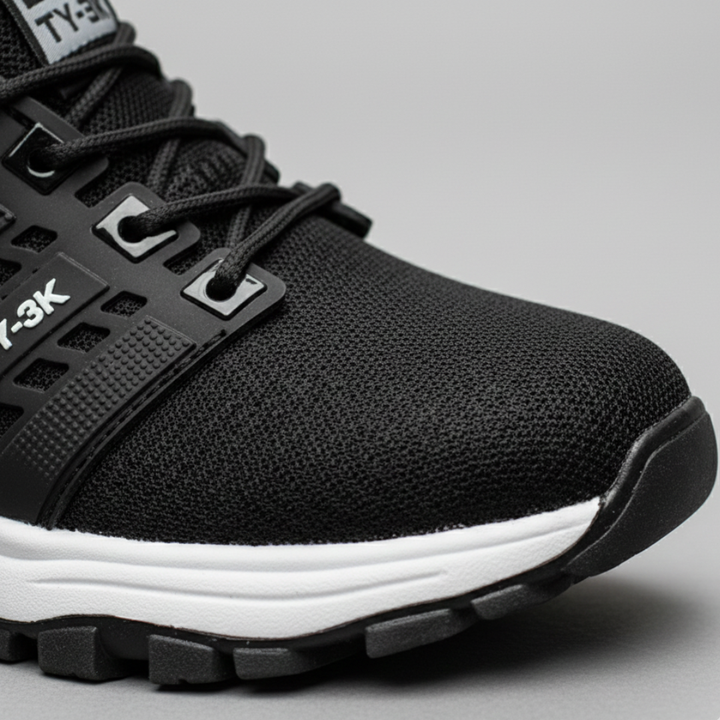  Black and white sneakers resting on a yellow background, featuring a sleek knit upper and cushioned rubber outsole.