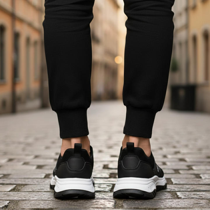  Black and white sneakers resting on a yellow background, featuring a sleek knit upper and cushioned rubber outsole.