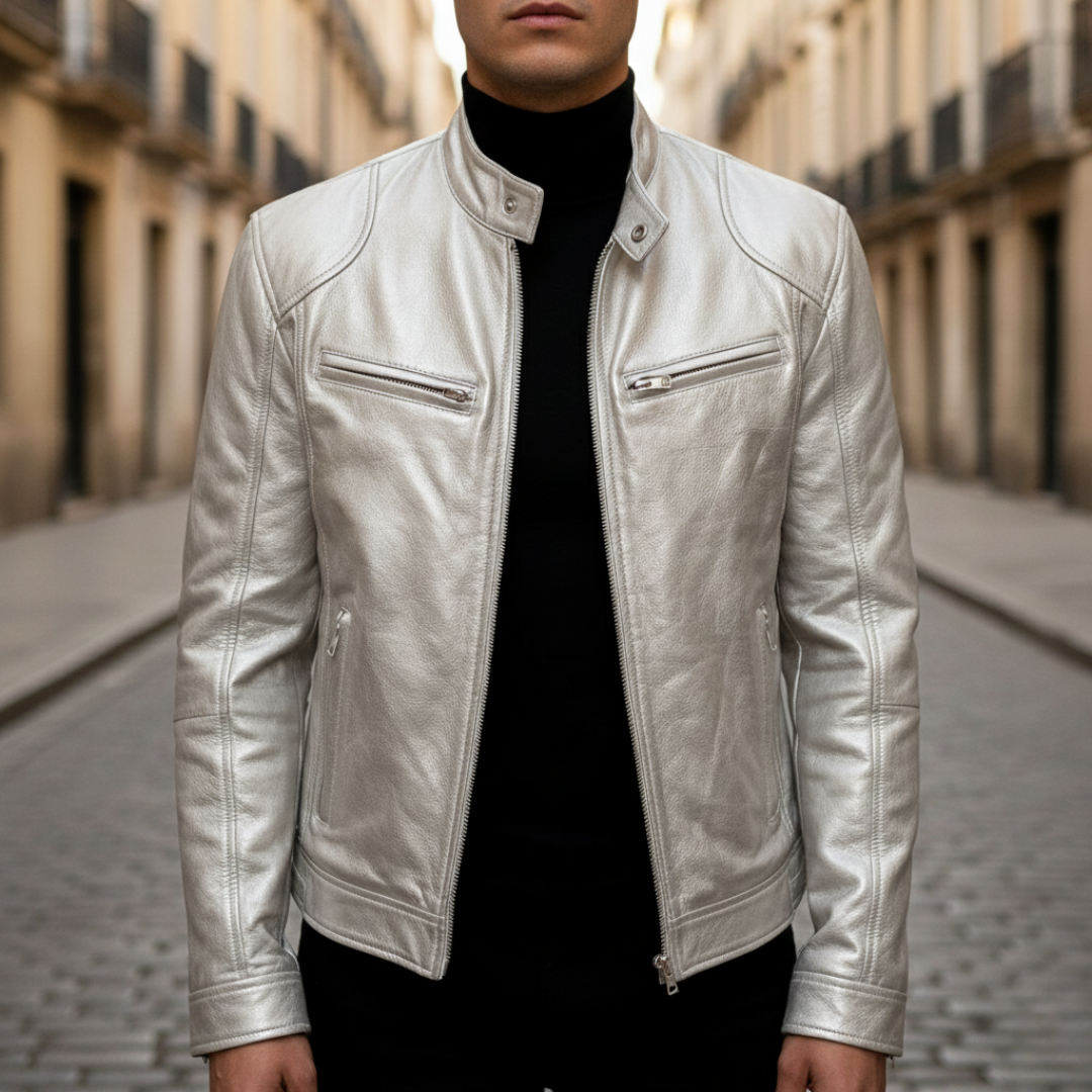 Leather jacket displayed on a silver background, showcasing a hip-length design with long sleeves and zip details.