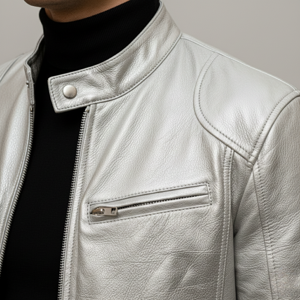 Close-up details of a leather jacket displayed on a silver background, showcasing a hip-length design with long sleeves and zip details.