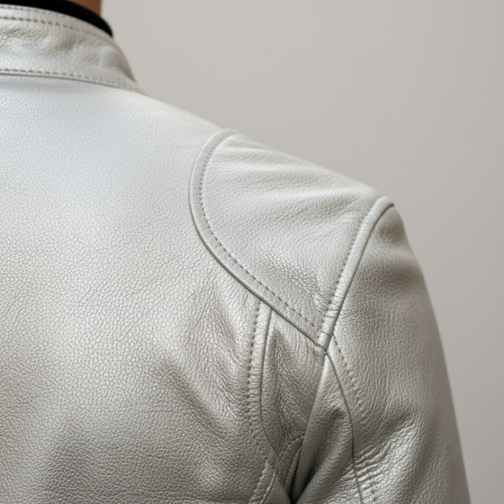 Close-up leather jacket displayed on a silver background, showcasing a hip-length design with long sleeves and zip details.