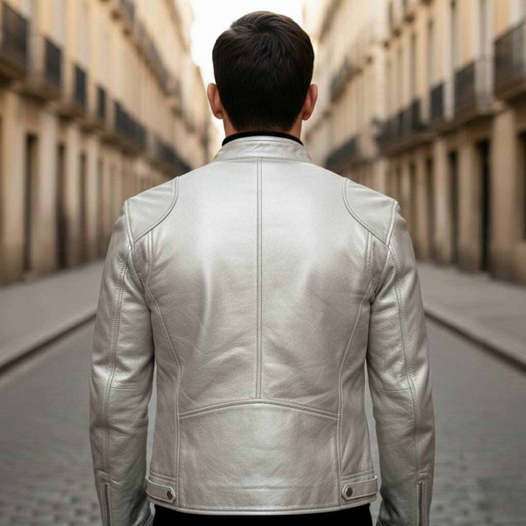 Leather jacket displayed on a silver background, showcasing a hip-length design with long sleeves and zip details.