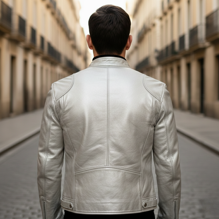 Leather jacket displayed on a silver background, showcasing a hip-length design with long sleeves and zip details.
