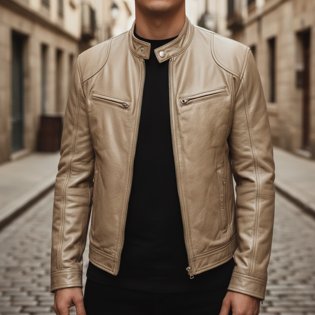 Leather jacket displayed on a gold background, showcasing a hip-length design with long sleeves and zip details.
