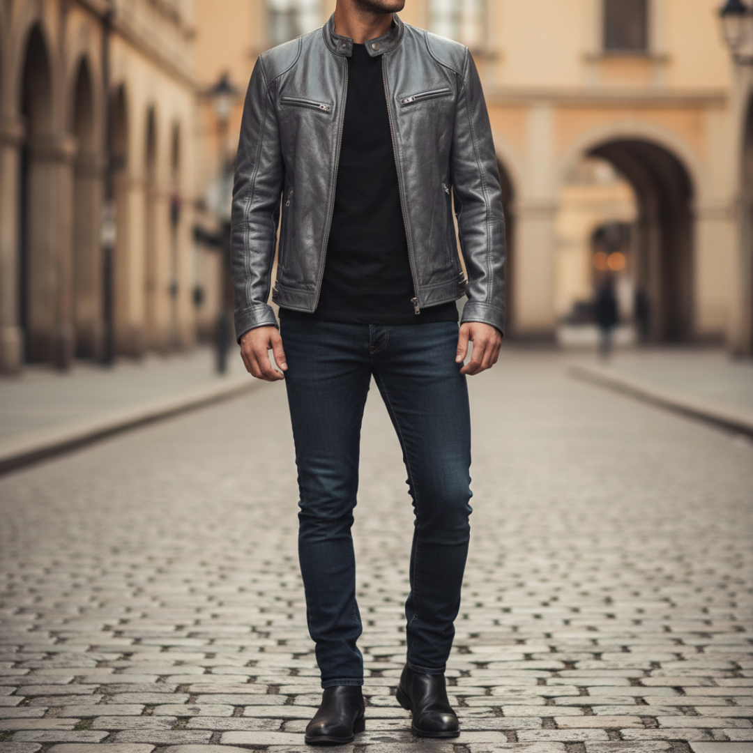 Leather jacket displayed on a grey background, showcasing a hip-length design with long sleeves and zip details.
