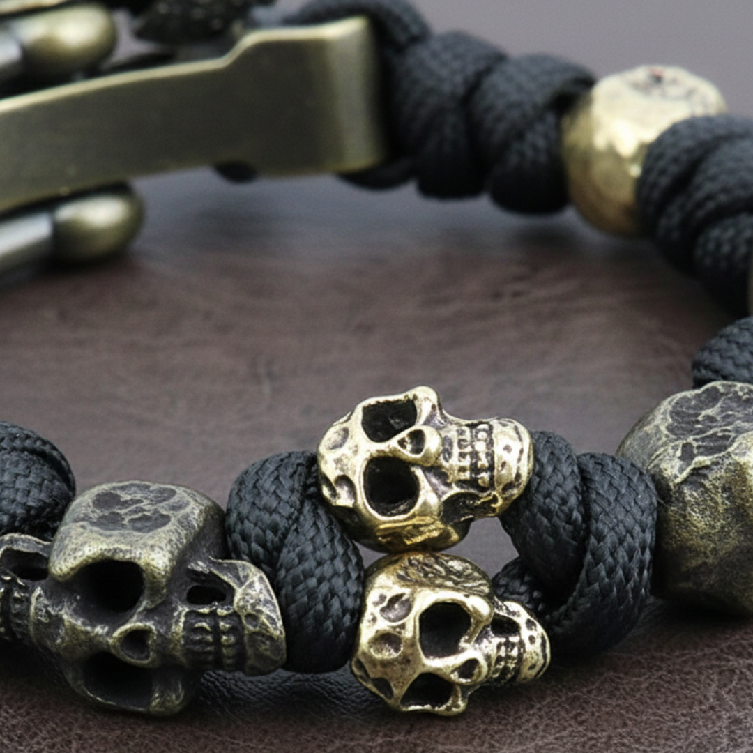 Black paracord bracelet with sculpted skull accents and a metal hook clasp, offering a bold statement for any outfit.