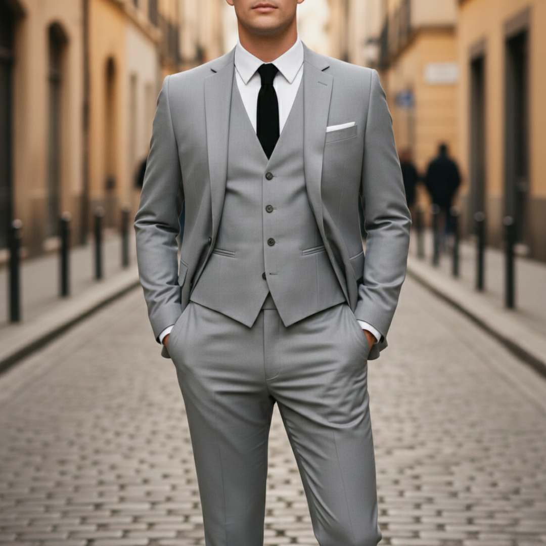 A man in a tailored grey suit stands confidently on a cobblestone street.