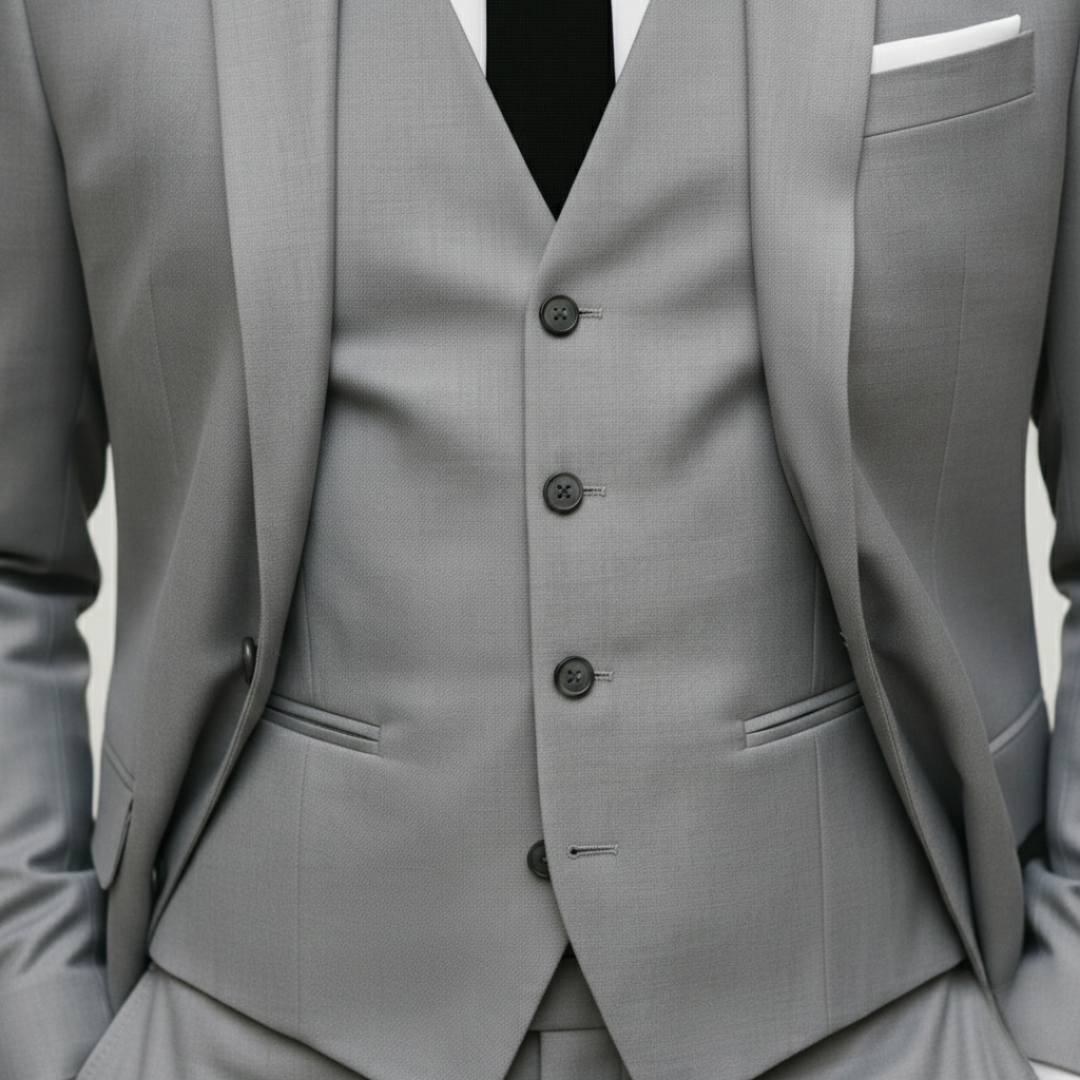 Close-up details of the  tailored grey suit stands confidently on a cobblestone street.