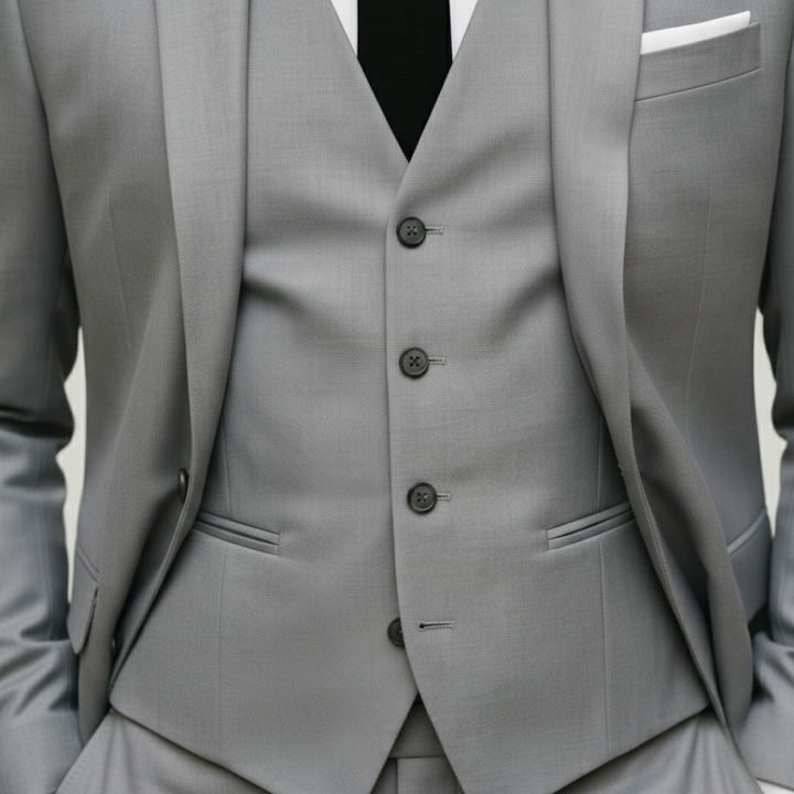 Close-up details of the  tailored grey suit stands confidently on a cobblestone street.