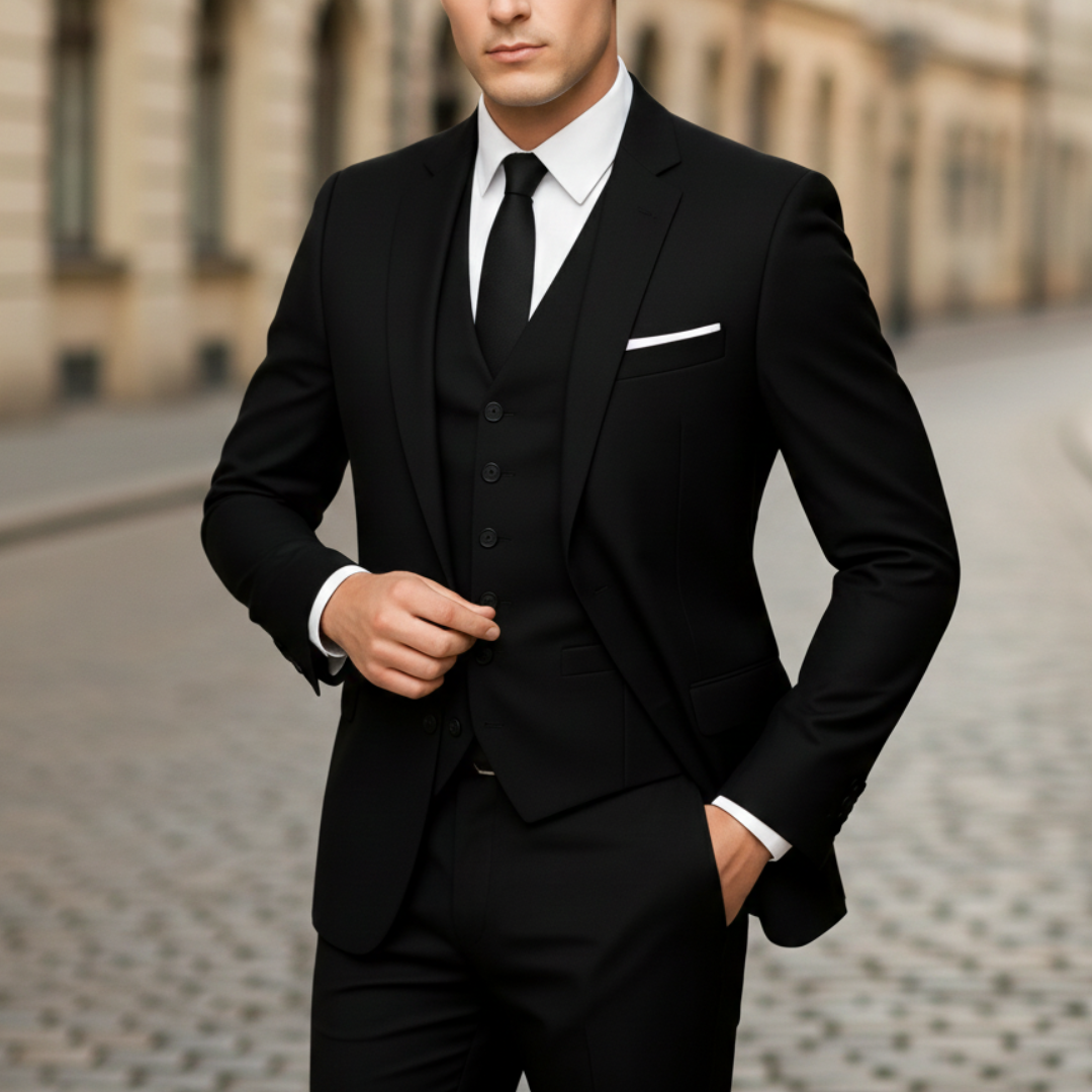 A man in a tailored black suit stands confidently on a cobblestone street.
