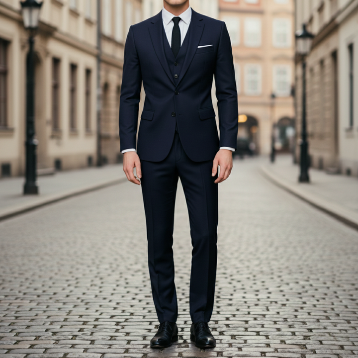 A man in a tailored navy suit stands confidently on a cobblestone street.