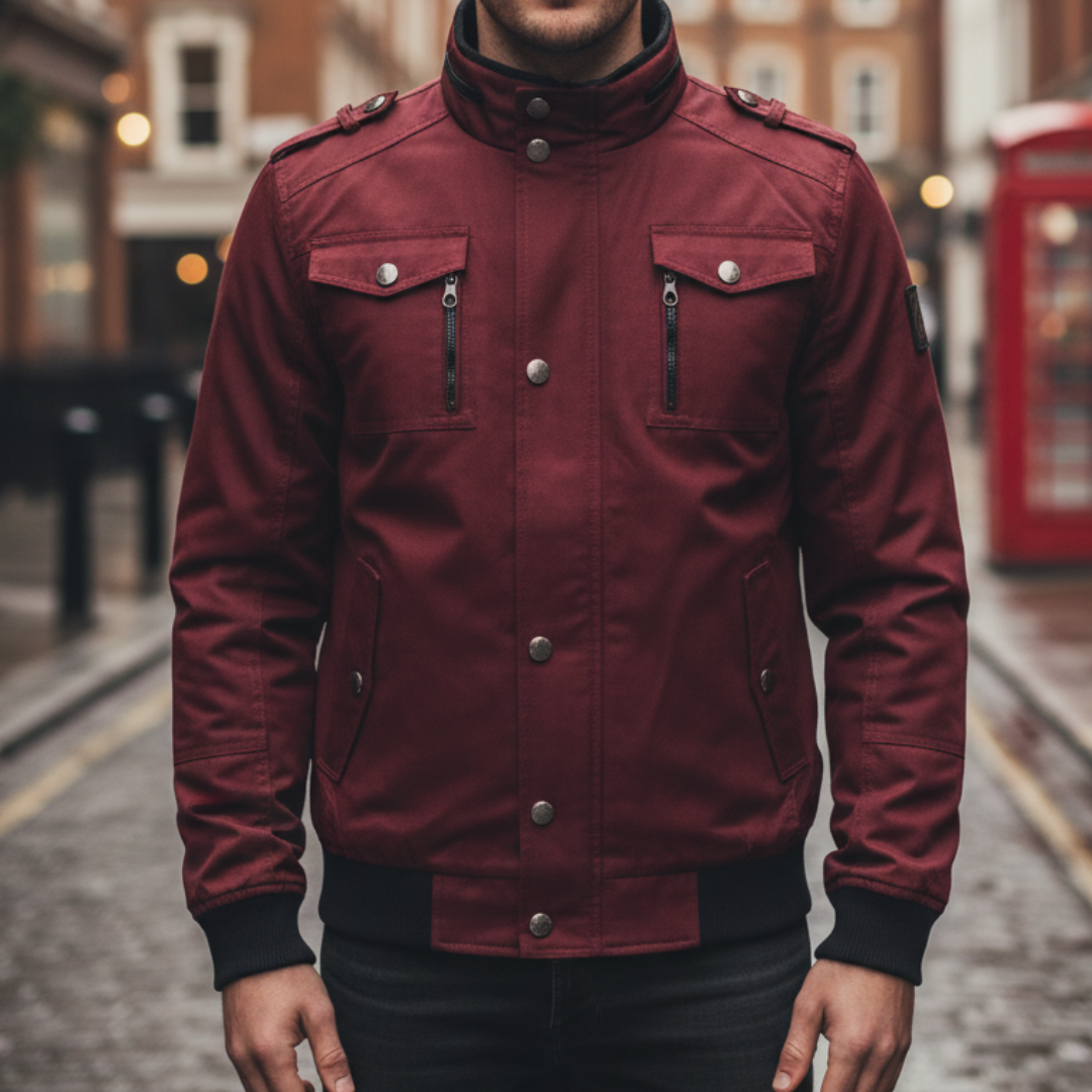  Men's red bomber jacket featuring a structured silhouette, ribbed trim, and zip-front closure 