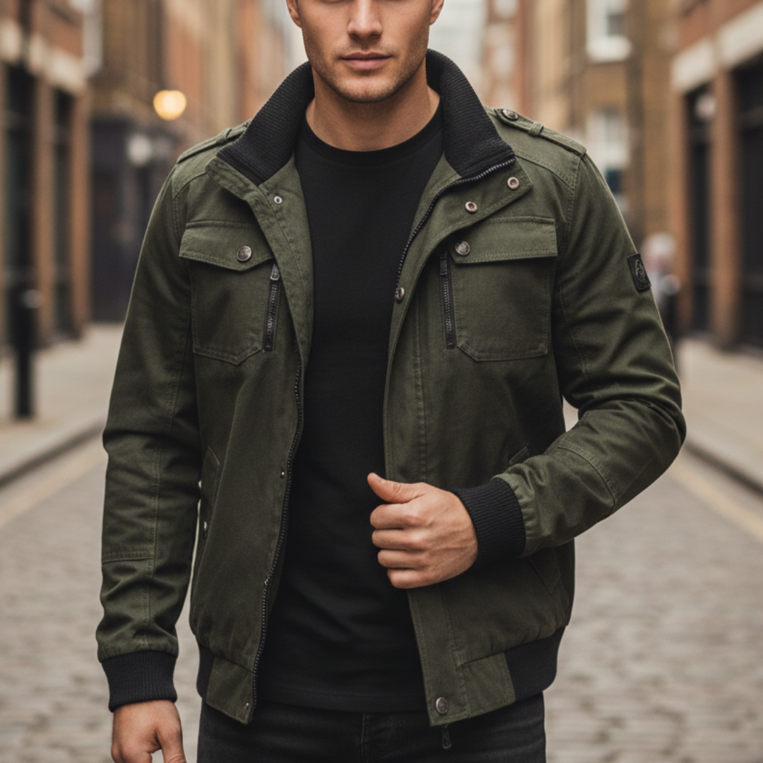  Men's green bomber jacket featuring a structured silhouette, ribbed trim, and zip-front closure 