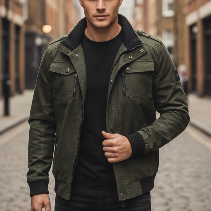 Men's green bomber jacket featuring a structured silhouette, ribbed trim, and zip-front closure 