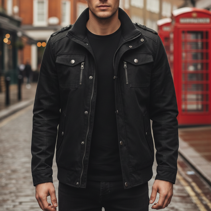  Men's black bomber jacket featuring a structured silhouette, ribbed trim, and zip-front closure 