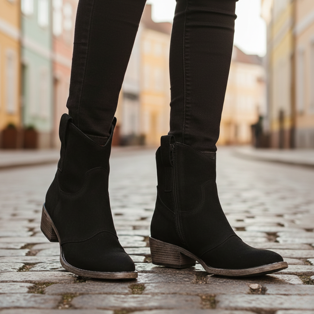 black suede ankle boots, showcasing a style suitable for fall and spring.