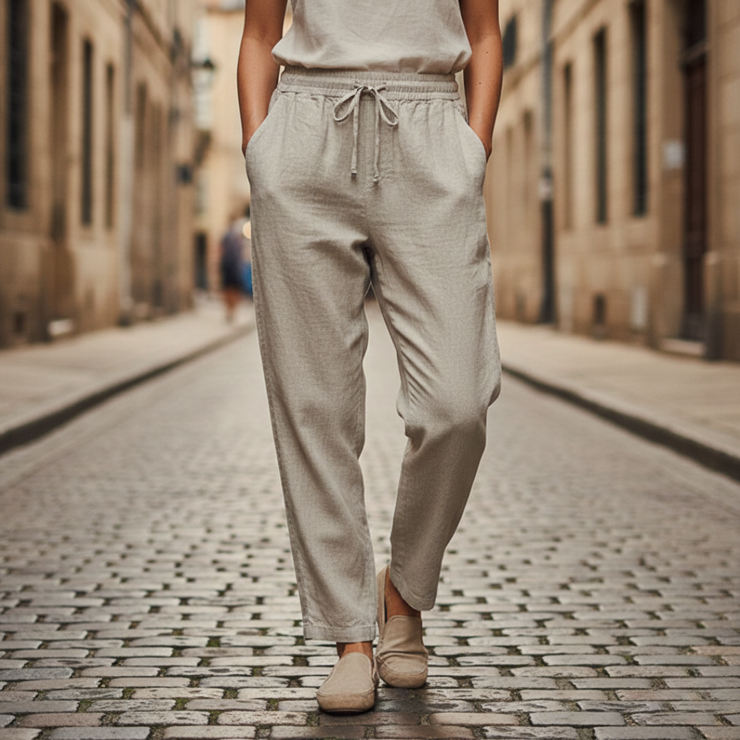 Khaki linen trousers, featuring a pull-on waist and straight-leg design for casual outfits. 