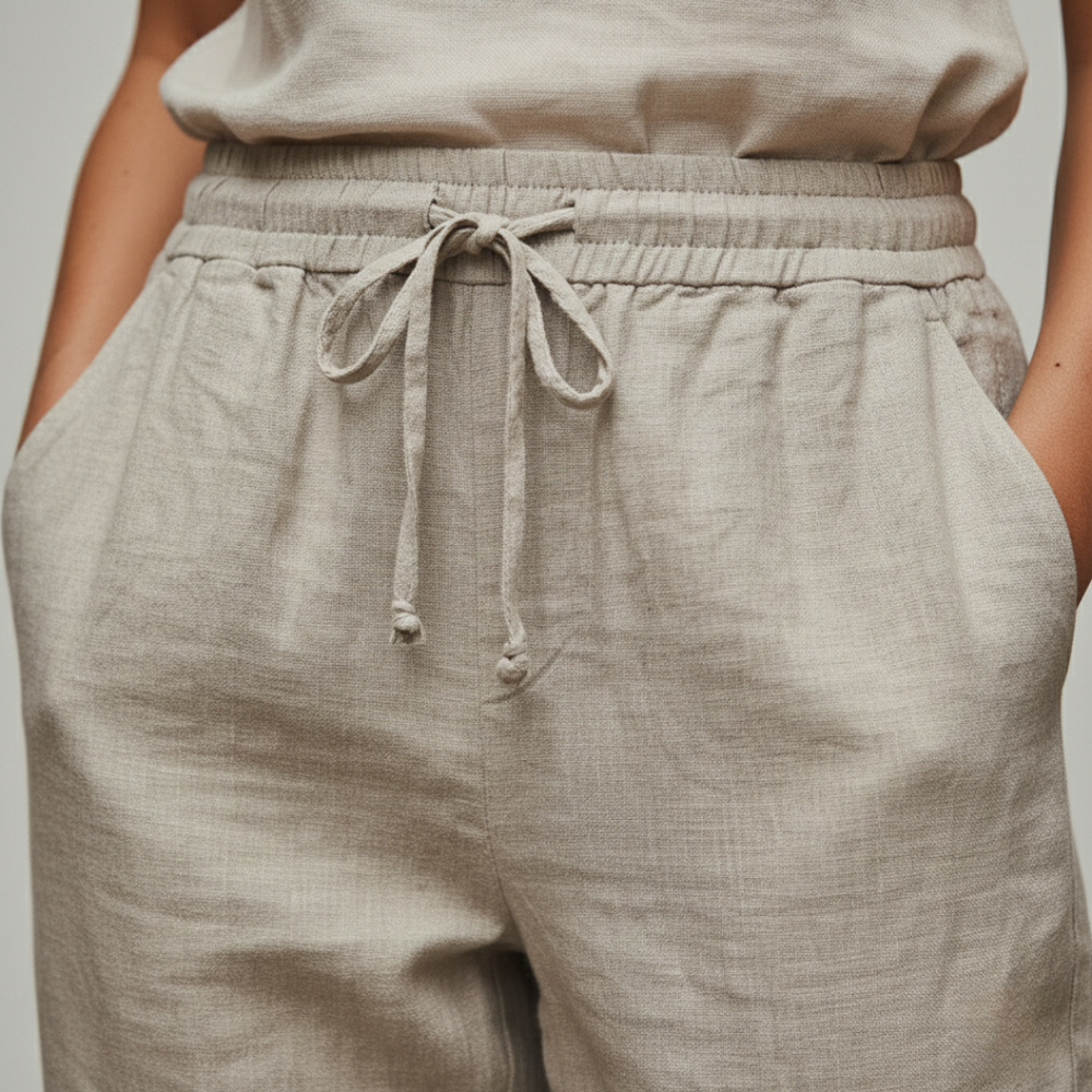 Khaki linen trousers, featuring a pull-on waist and straight-leg design for casual outfits. 