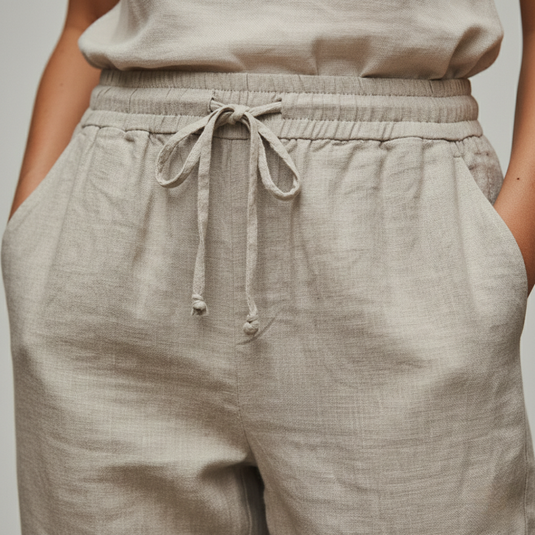 Khaki linen trousers, featuring a pull-on waist and straight-leg design for casual outfits. 