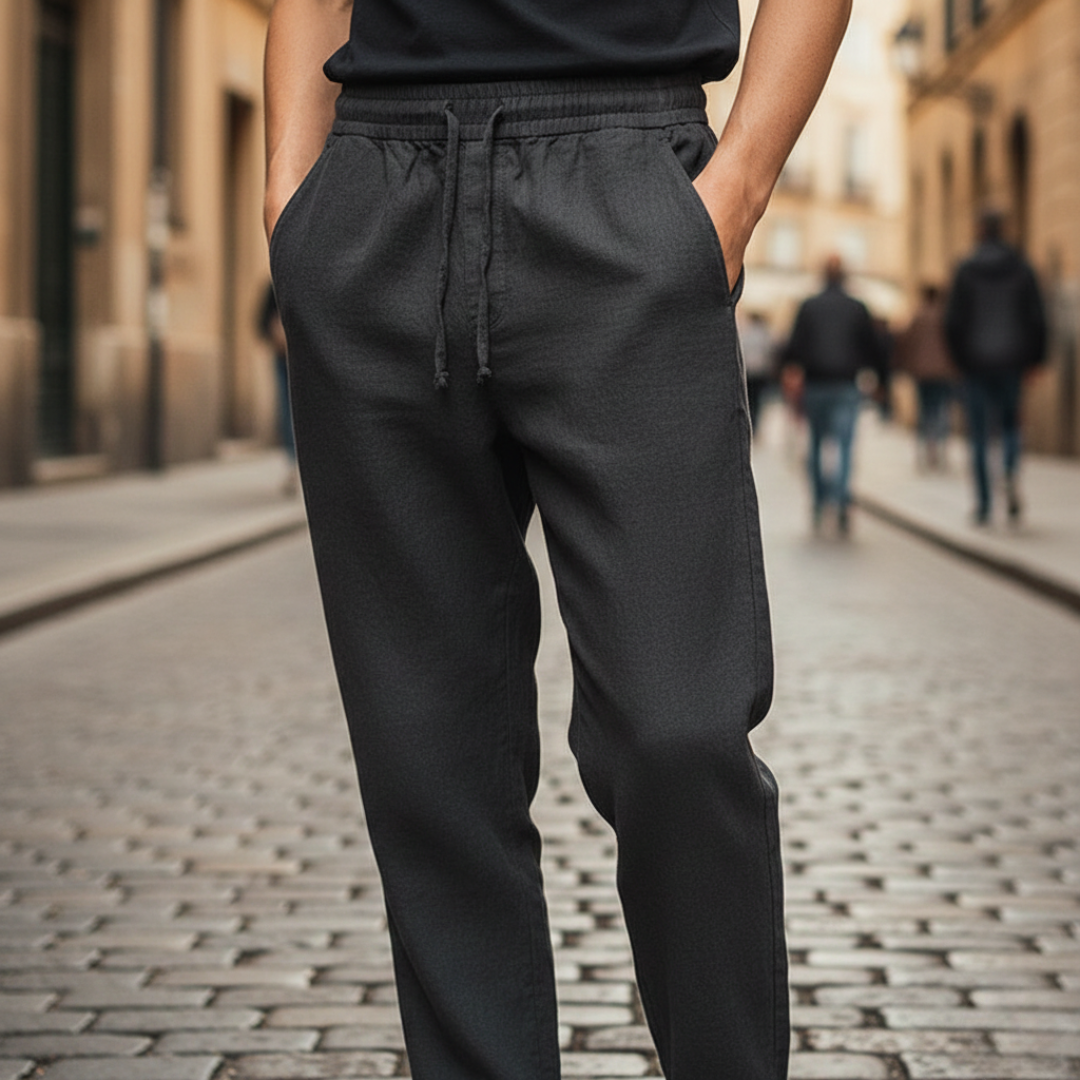 Black linen trousers, featuring a pull-on waist and straight-leg design for casual outfits. 