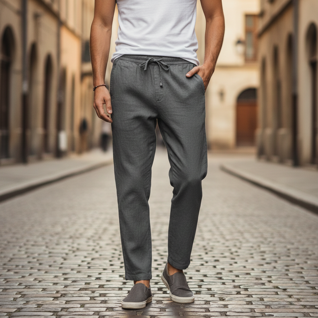Grey linen trousers, featuring a pull-on waist and straight-leg design for casual outfits. 