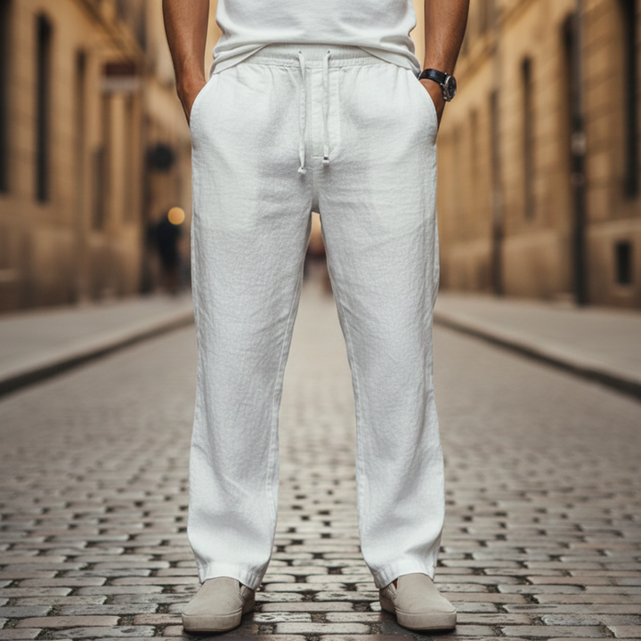 White linen trousers, featuring a pull-on waist and straight-leg design for casual outfits. 