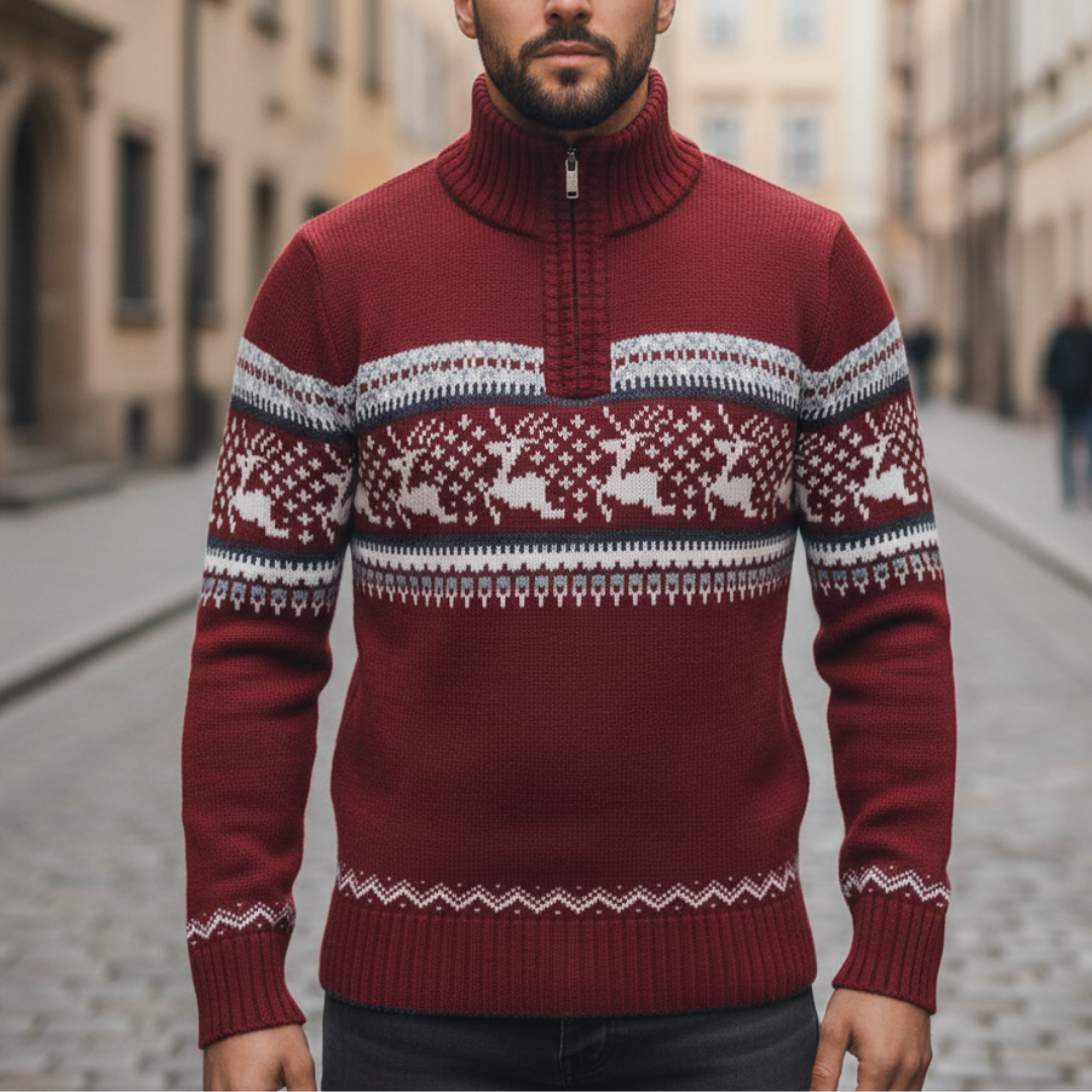  Men's half-zip sweater featuring a classic deer pattern, ideal for fall and winter with a warm, finely knit texture.