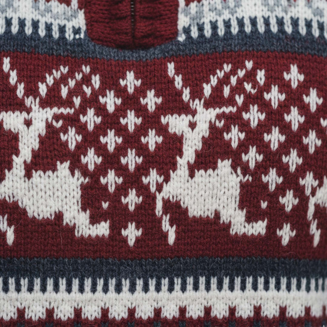  Men's half-zip sweater featuring a classic deer pattern, ideal for fall and winter with a warm, finely knit texture.
