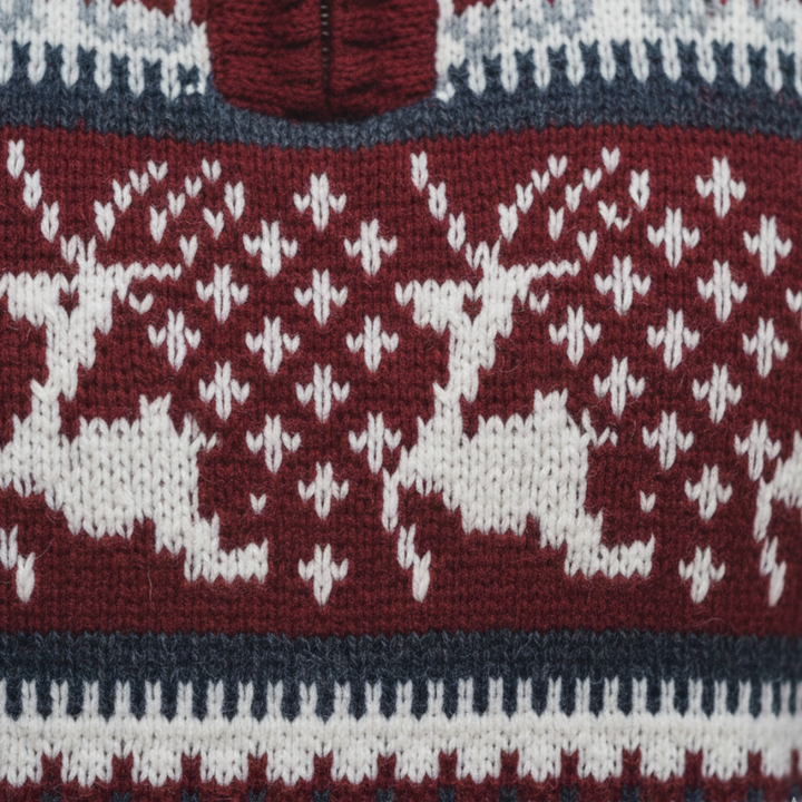  Men's half-zip sweater featuring a classic deer pattern, ideal for fall and winter with a warm, finely knit texture.