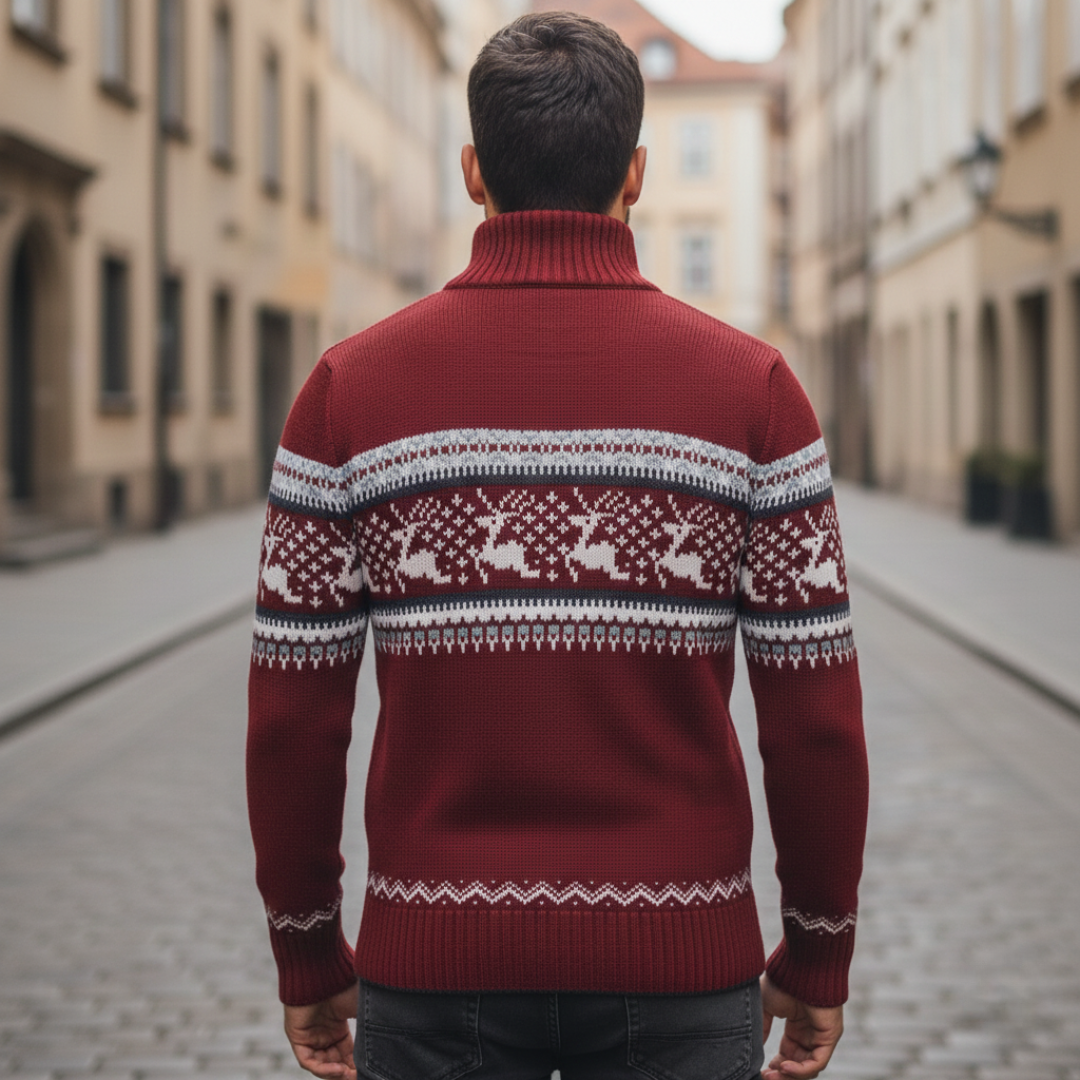  Men's half-zip sweater featuring a classic deer pattern, ideal for fall and winter with a warm, finely knit texture.