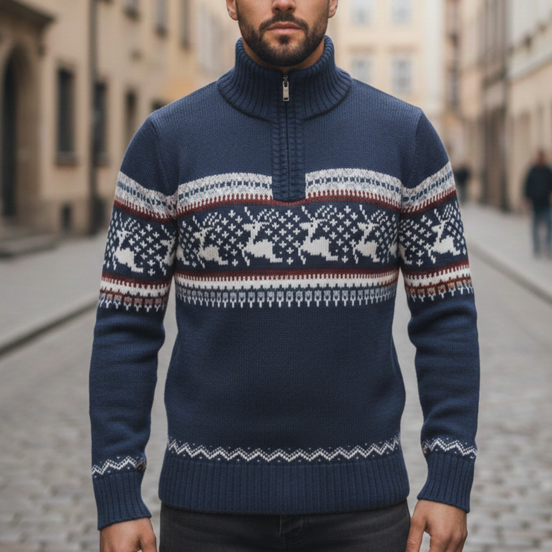  Men's half-zip sweater featuring a classic deer pattern, ideal for fall and winter with a warm, finely knit texture.
