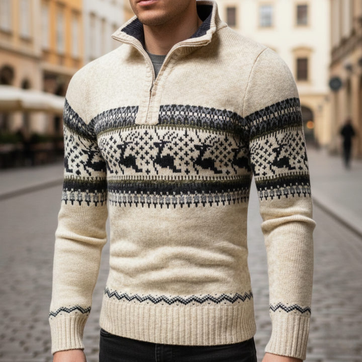  Men's half-zip sweater featuring a classic deer pattern, ideal for fall and winter with a warm, finely knit texture.