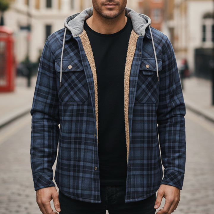 Blue men's plaid flannel jacket with a hood, button-front design, and fleece lining, good for fall and winter wear.