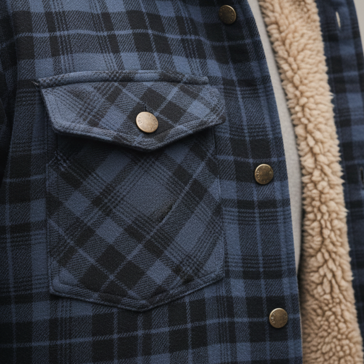 Detailed view of a plaid shirt with sherpa lining, highlighting its button-front design and attached hood for added warmth.
