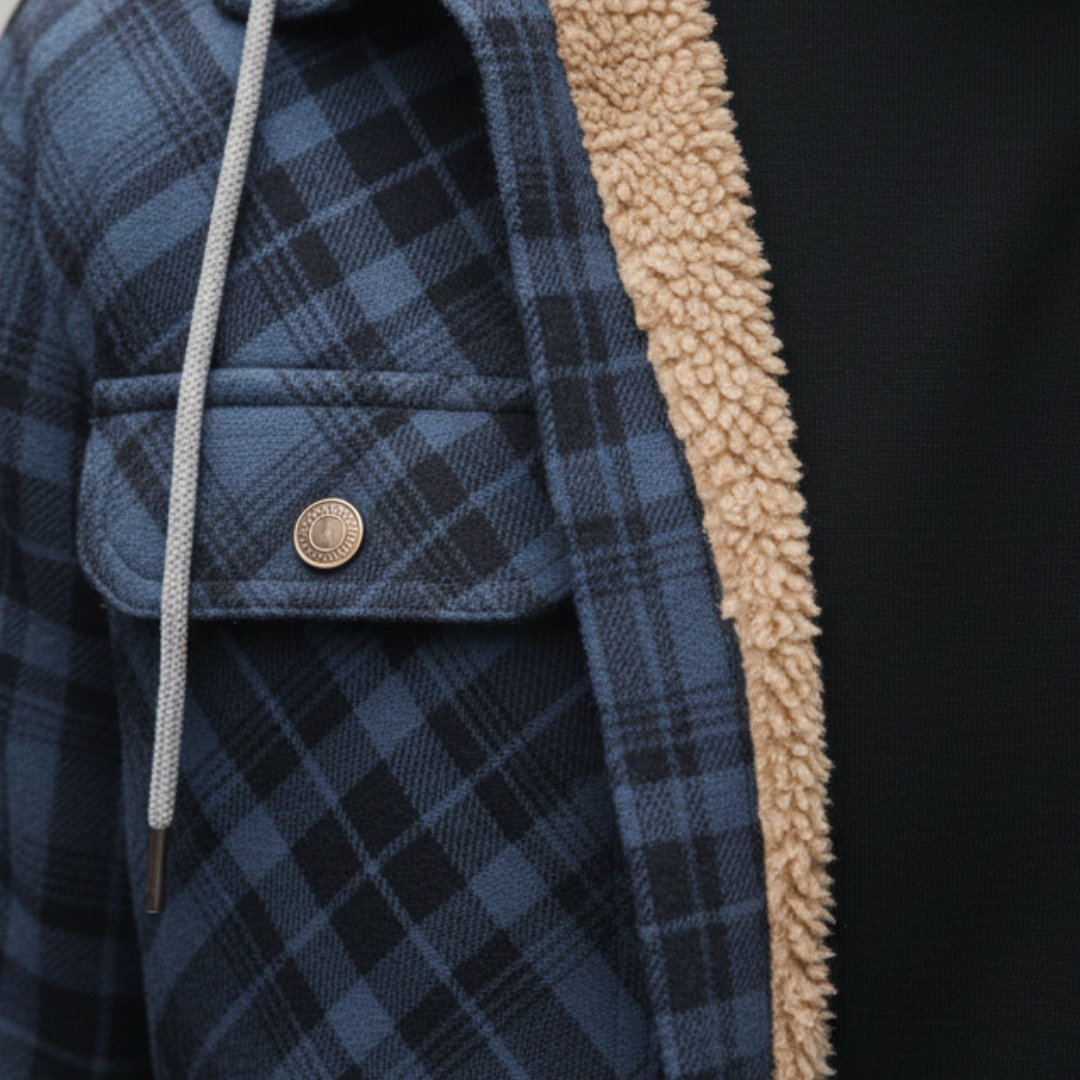 Detailed view of a plaid shirt with sherpa lining, highlighting its button-front design and attached hood for added warmth.